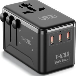 140W Max GaN Universal Travel Adapter, 3 USB C 1 USB A & 2500W AC Outlet, International Power Adapter for EU UK US AU 200+ Countries, Fast Charger Compatible with MacBook, iPhone, Laptop and More